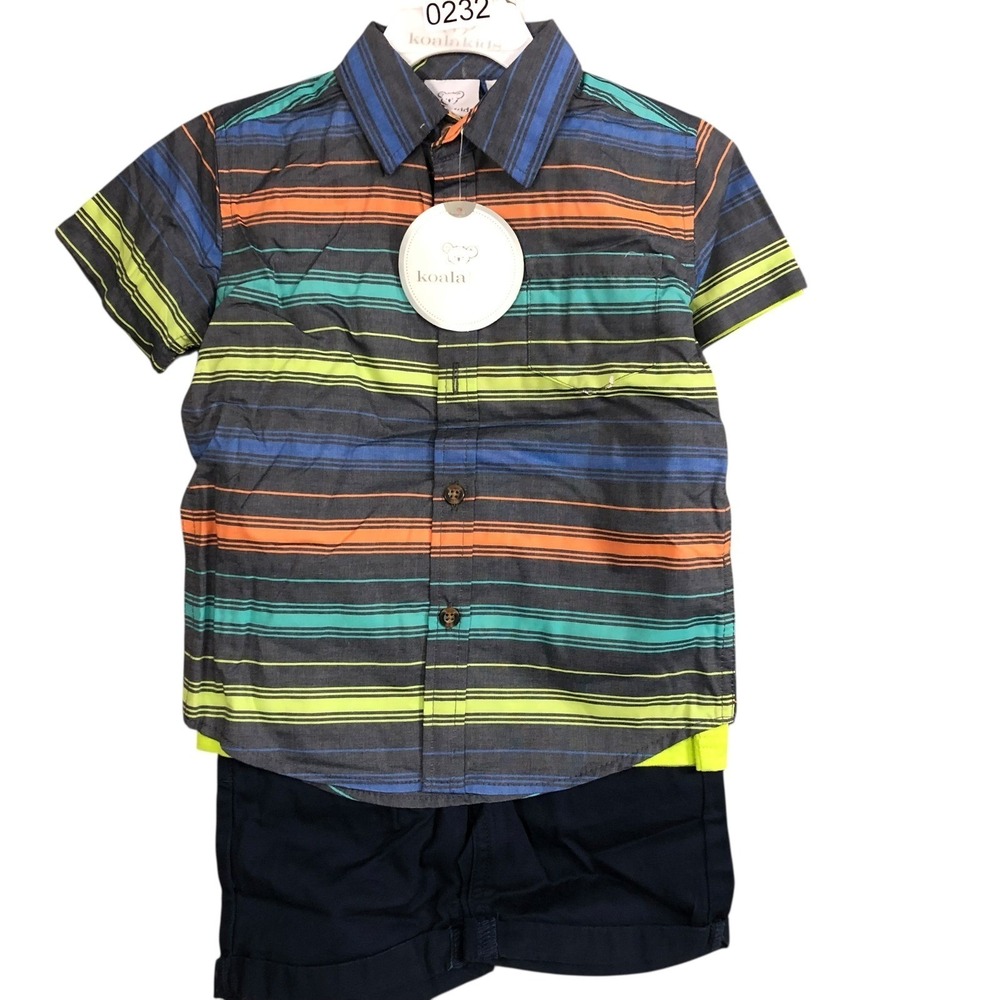 Koala Kids Boys 3 Piece Set Lime Popscicle Striped Shirt Navy Shorts Size 2T